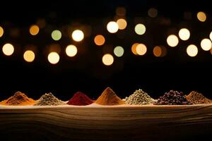 spices on a wooden plank with lights in the background. AI-Generated photo
