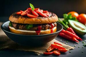 a hamburger with strawberries and tomatoes. AI-Generated photo