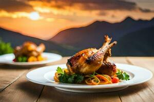 pollo en un plato con un puesta de sol en el antecedentes. generado por ai foto