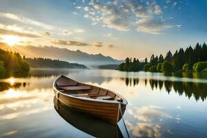 the boat on the lake at sunrise. AI-Generated photo