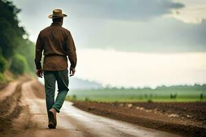 a man in a hat walks down a dirt road. AI-Generated photo