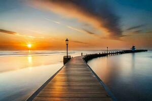 a wooden pier leads to the ocean at sunset. AI-Generated photo