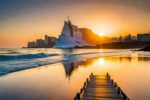 el Dom conjuntos terminado un playa con un muelle y un ciudad en el antecedentes. generado por ai foto