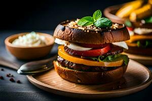 a hamburger with vegetables and cheese on a wooden plate. AI-Generated photo