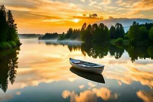 a boat is floating on a calm lake at sunset. AI-Generated photo