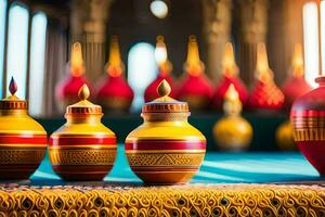 colorful vases on a table with a blue background. AI-Generated photo