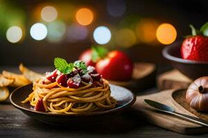 espaguetis con tomate salsa y Fresco albahaca en un de madera mesa. generado por ai foto