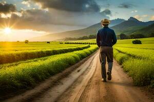 man walking on dirt road in field with mountains in background. AI-Generated photo