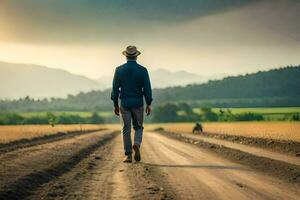 man walking on dirt road in the middle of nowhere. AI-Generated photo