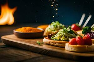 food on a wooden tray with fire in the background. AI-Generated photo