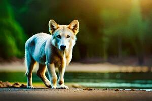 a wolf is standing on the shore of a river. AI-Generated photo