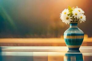 a vase with white flowers sitting on a table. AI-Generated photo