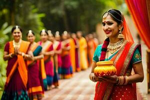 indio mujer en saris participación un maceta. generado por ai foto