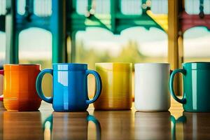 colorful mugs on a table in front of a window. AI-Generated photo