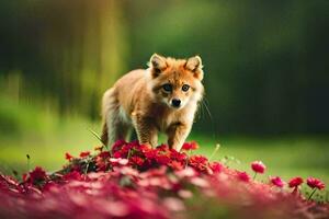 a fox is standing on top of a pile of flowers. AI-Generated photo