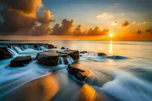 the sun sets over the ocean and waves crashing into rocks. AI-Generated photo