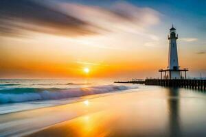 a lighthouse stands on the beach at sunset. AI-Generated photo