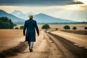 a man in a blue suit and hat walks down a dirt road. AI-Generated photo