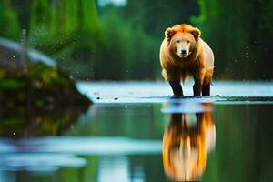 un león caminando a través de un río en el bosque. generado por ai foto