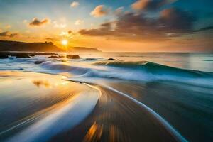 a beautiful sunset over the ocean with waves crashing into the shore. AI-Generated photo