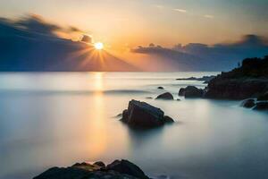 the sun rises over the water and rocks. AI-Generated photo