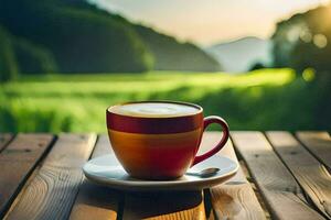 café taza en un de madera mesa. generado por ai foto