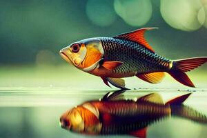 a fish is standing on the water with its reflection. AI-Generated photo