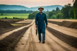 un hombre en un azul traje camina abajo un suciedad la carretera. generado por ai foto