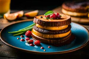 stack of pancakes on a plate with berries. AI-Generated photo
