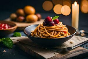 spaghetti with berries and herbs on a wooden table. AI-Generated photo