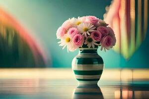 a vase with pink flowers sitting on a table. AI-Generated photo