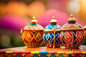 colorful decorative pots on a table with a blurred background. AI-Generated photo