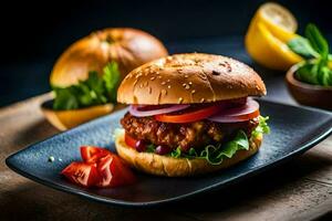 a hamburger with tomatoes and lettuce on a black plate. AI-Generated photo