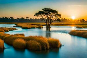 the sun rises over a marshy area with tall grass. AI-Generated photo