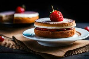 a strawberry cake on a plate with a fork. AI-Generated photo