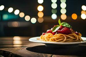 a plate of spaghetti with berries on a wooden table. AI-Generated photo