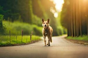 a dog walking down a road in the middle of the day. AI-Generated photo