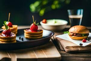 small sandwiches with strawberries on a wooden table. AI-Generated photo