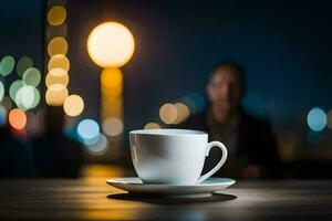 a cup of coffee on a table in front of a blurred background. AI-Generated photo