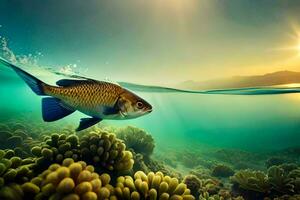 fish swimming in the ocean with sun shining. AI-Generated photo