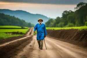 an old man walking down a dirt road. AI-Generated photo