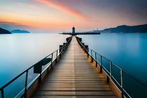 un largo muelle con un faro a puesta de sol. generado por ai foto