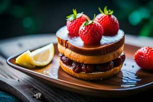 a strawberry cake with chocolate and strawberries on a wooden plate. AI-Generated photo