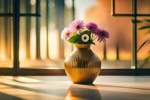 a golden vase with purple flowers sitting on a table. AI-Generated photo