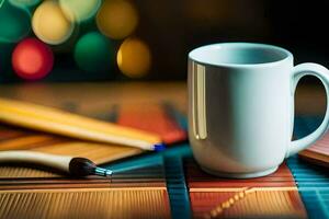 a coffee cup and pencils on a table. AI-Generated photo