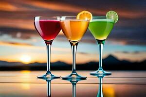 three glasses of different colored drinks on a table. AI-Generated photo