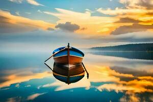 a boat is floating in the calm water at sunset. AI-Generated photo