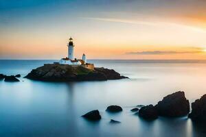 a lighthouse sits on top of a rock in the ocean. AI-Generated photo