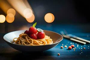 spaghetti with strawberries on a plate. AI-Generated photo