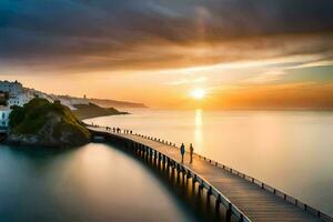 a long exposure photograph of a pier at sunset. AI-Generated photo